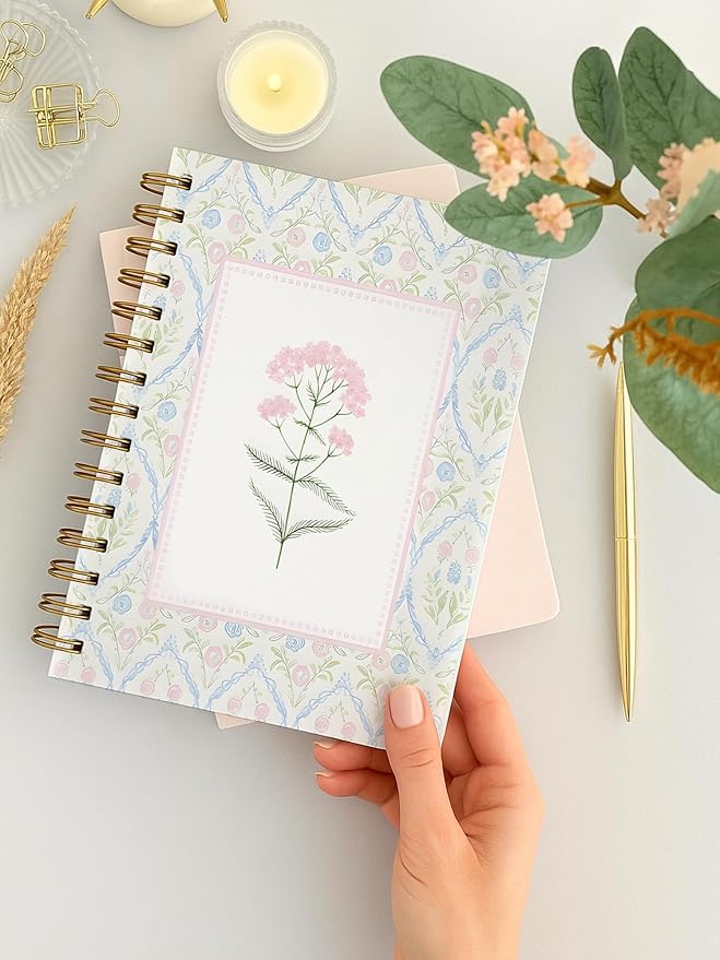 BitKan Pink and Blue Floral Spiral Notebook, Grandmillennial Wild Flower Journal for Women, Pastel Preppy Botanical Aesthetic Notebook 5.5x8.3 Inch, Preppy Office Supplies-365