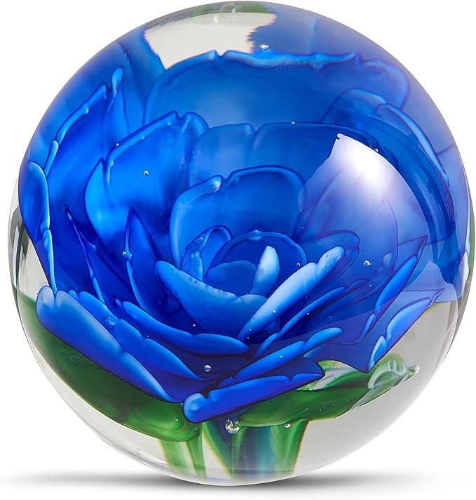 EUSTUMA Hand Blown Glass Flower Paperweight Figurine for Office Desk.Give You A Gift from The Person You Love, The Garden Decoration.(Blue Flowers)