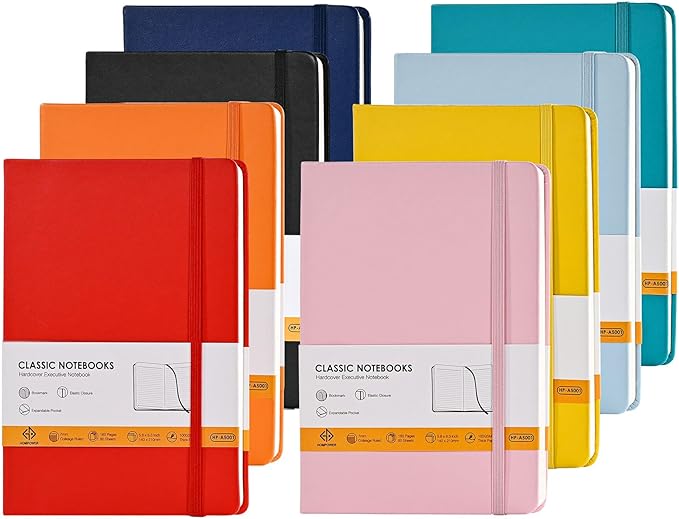 Hompower Lined Notebook Journals for Writing 5.5 x 8.2 inches, 160 Pages A5 Size with Expandable Pocket, Hardcover Notebooks for Work, 100GSM Paper (Assorted 8 Colors)
