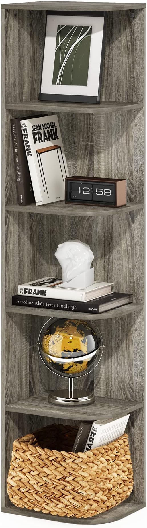 Furinno PASIR Book Shelf, 5-Tier Corner Bookshelf, Open Shelves Bookcase 9.3 x 12 x 51.7, for Living Room, Bedroom, Home Office, French Oak