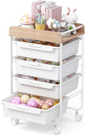 Rolling Storage Utility Cart With 4 Drawers,Kids Craft Art Cart,Makeup Organizer And Storage with Wooden Tabletop,White