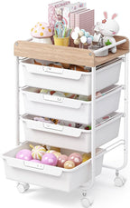 Rolling Storage Utility Cart With 4 Drawers,Kids Craft Art Cart,Makeup Organizer And Storage with Wooden Tabletop,White