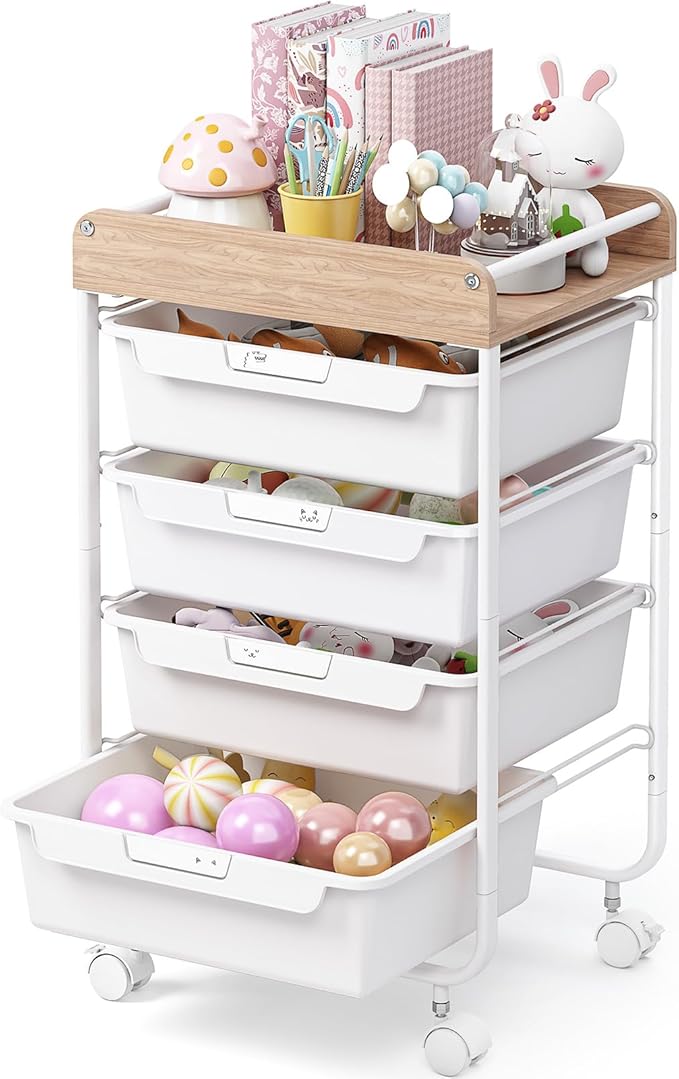 Rolling Storage Utility Cart With 4 Drawers,Kids Craft Art Cart,Makeup Organizer And Storage with Wooden Tabletop,White