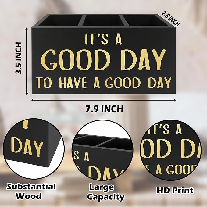QZQE Inspirational Office Pen Pencil Holder Organizer for Desk, It's a Good Day to Have a Good Day Positive Wooden Box Signs Decorations for Home Office Desk Tabletop, Motivational Gifts for Women