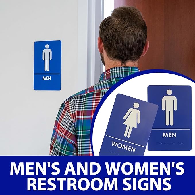 USA Made - Men's and Women's Restroom Signs ADA-Compliant Bathroom Door Signs for Offices, Businesses, and Restaurants, Black, Blue, Grey and Taupe/Tan Colors (Blue)