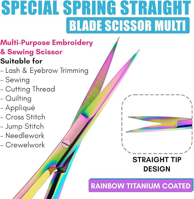 Cross Edge Spring Scissors 5 Inch straight Stainless-Steel Precision Eyebrow & Eyelash Shaping Trimming Scissor, Squeeze, Embroidery, Knitting Micro Tip Craft Scissors (Rainbow Glitter White)