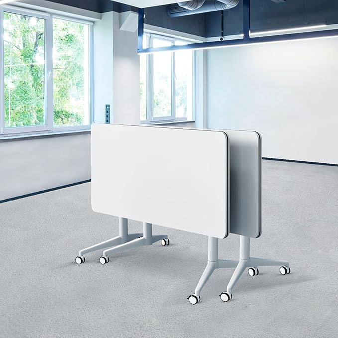 Goakwwuz Conference Room Table, Folding Conference Tables,Thicken Grey Tabletop,Flip Top Wooden Seminar Meeting Room Table for Conference Room Offices (2, White, 55.1”)