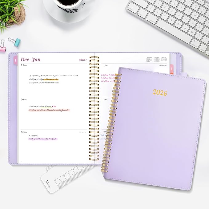 2026 Planner, Annecy Weekly ＆ Monthly Planner 2026, Jan. 2026 – Dec. 2026, 9" x 11" Monthly Agenda Planner with Tabs, Vegan Leather Cover, Spiral Binding, Double-sided Pocket, Bookmark, Purple