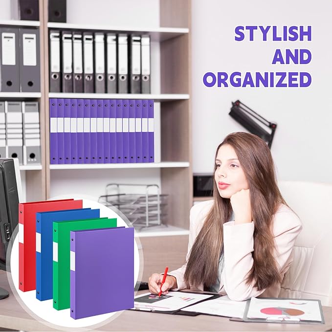 Henoyso 48 Pcs 3 Ring Binder 0.5 Inch Round Fits Letter Size 8.5'' x 11'' Paper Plastic Flexible Binder Holds 140 Sheets with 1 Pockets Versatile Organizer for Office School (Blue Green Purple Red)