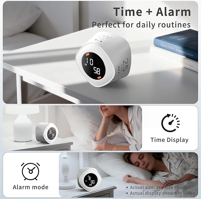 VEWINGL Cube Productivity Timer, 5/10/25/DIY Min Presets + Count-Up Mode, Time Display & Alarm Clock, Sound/Vibrate/Silent Alerts, Pause & Resume, Desk Timer for Work, Study, Kitchen (White)