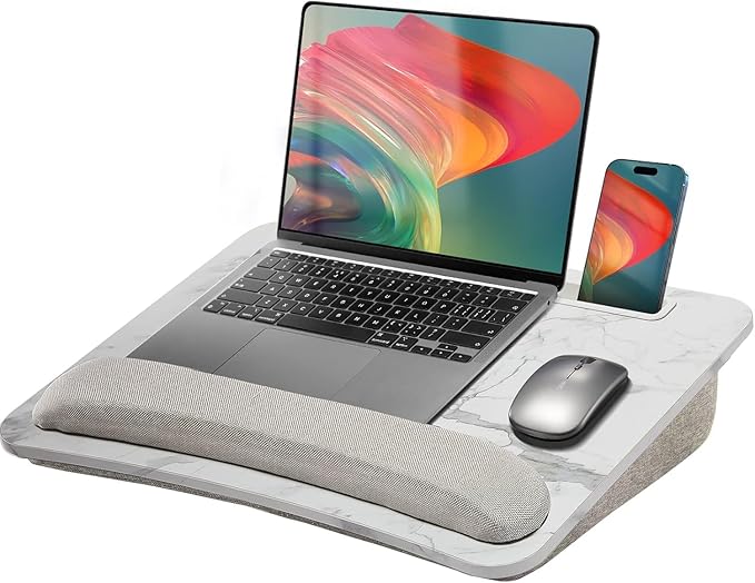 HUANUO Lap Laptop Desk - Portable Lap Desk with Pillow Cushion, Fits up to 15.6 inch Laptop, with Anti-Slip Strip & Storage Function for Home Office Students Use as Computer Stand - Marble
