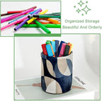 Leather Pen Holder for Desk, Abstract Geometric Blue Brown Print Pencil Cup Desktop Organizer Makeup Brush Holders Office Supplies for Home, Kids & School