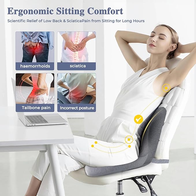 Mosxoed Ergonomic Seat Cushion with Adjustable Strap, Memory Foam Office Chair Seat Cushion with L-Shaped Design, Car Seat Cushion Fits for Truck Driver Semi Truck, Gaming Chair, Desk, Light Gray