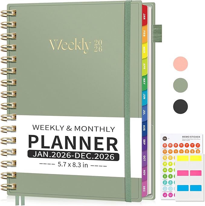 EMSHOI 2026 Planner Weekly and Monthly, Week on One Page with Notes, A5 (5.7"x8.3"), Jan-Dec 2026 Calendar Agenda with Monthly Tabs, Note Pages, 100GSM Thick Paper, Flexible Cover, Light Green