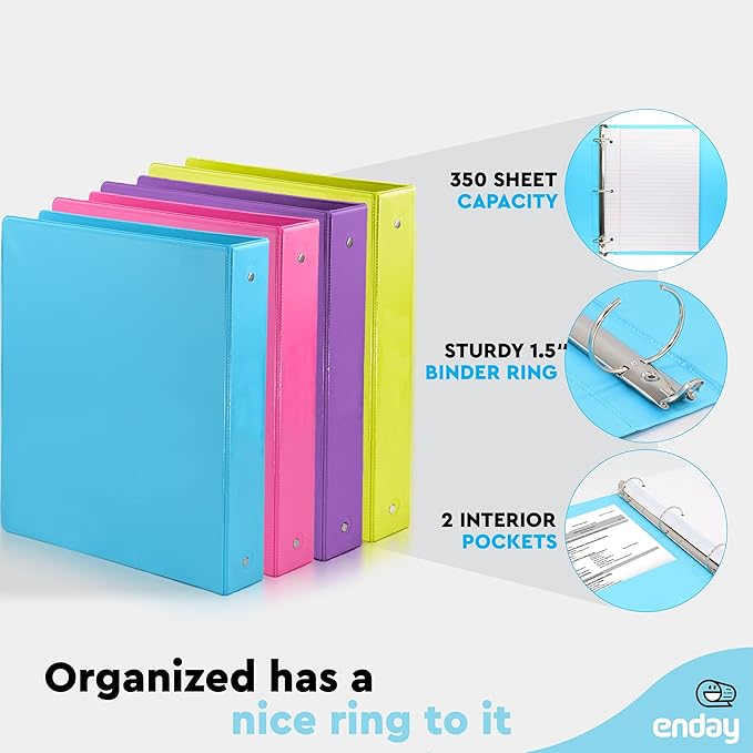 3 Ring Binder 1.5 Inch, 1 ½ inch Binder Clear View Cover with 2 Inside Pockets, Colored School Supplies Office and Home Binders Pink, Blue, Purple, Green (4 Pack) – by Enday