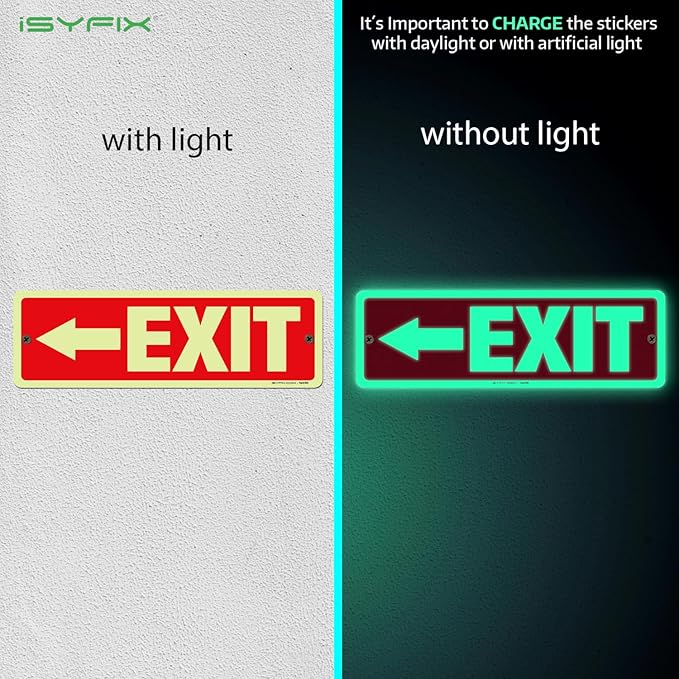 iSYFIX Exit Signs with Directional Left Arrow, Glow in the Dark, Photoluminescent Aluminum 12x4 Inch - 6 Pack, Laminated for UV & Weather Resistance, Ideal for Offices, Schools, Theaters & More