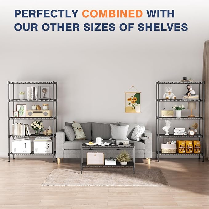 VANZBON 3-Tier Wire Shelf Rack,24" Dx14 Wx 30" H,Wire Metal Shelving with Lockable Wheels,Height Adjustable Storage Standing Shelves for Kitchen,Living Room,Laundry,Office,Pantry,Studio,Black