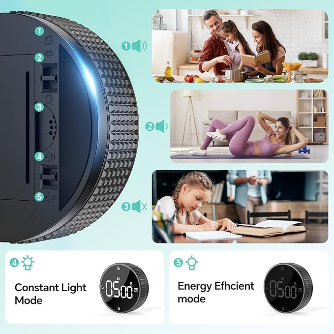 Allbean Digital Kitchen Timer, Large Display Magnetic Countdown Countup Timer, 3 Preset Times (5, 15, 25),Volume & Brightness Adjustable for Cooking Classroom Studying, Easy for Kids (Black,2Pcs)