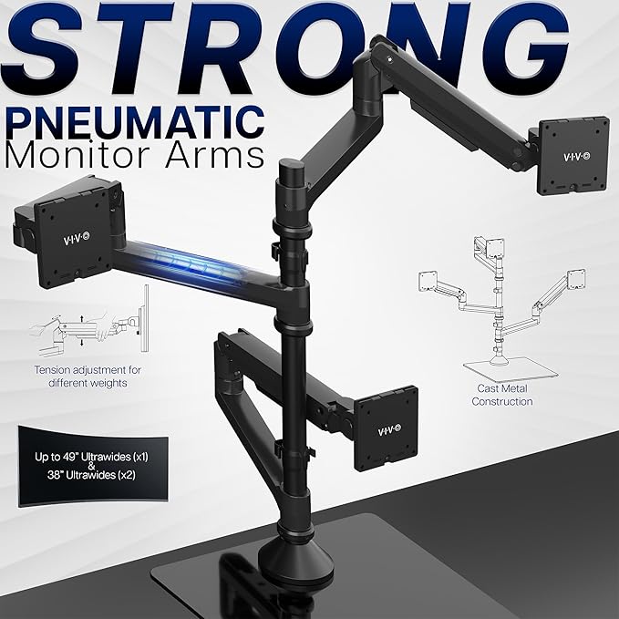 VIVO Pneumatic Arm Triple Ultrawide Monitor Desk Stand for Up to 49 inch Screens with Tempered Glass Base, Holds 3 Ultra Wides Up to 33 lbs Each, Black, STAND-V300FG