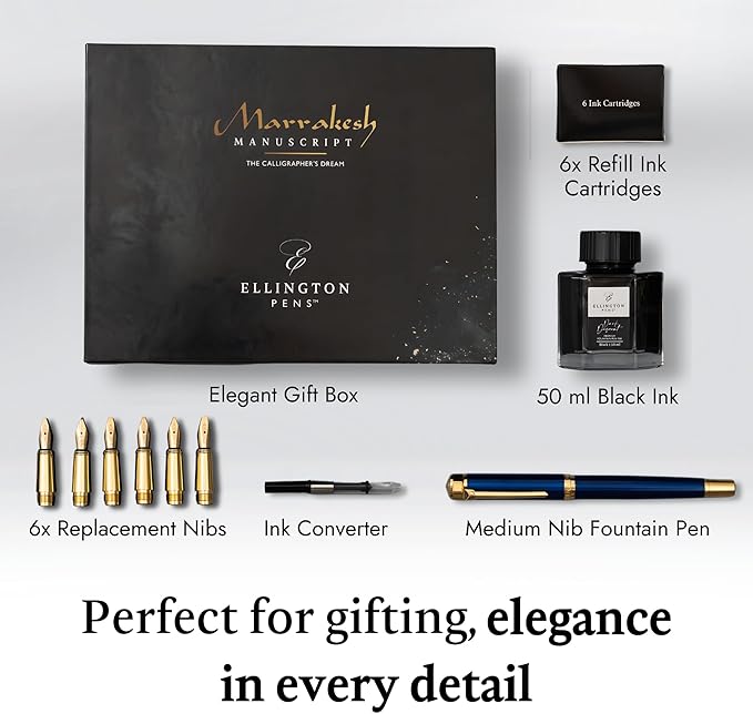 Ellington Pens Luxury Calligraphy Set - Premium Fountain Pen with 6 Nibs, 50 ml Black Ink Bottle, 6 Cartridges, Converter, Elegant Gift Box – Perfect for Drawing, Writing, Gifting (Nautilus)