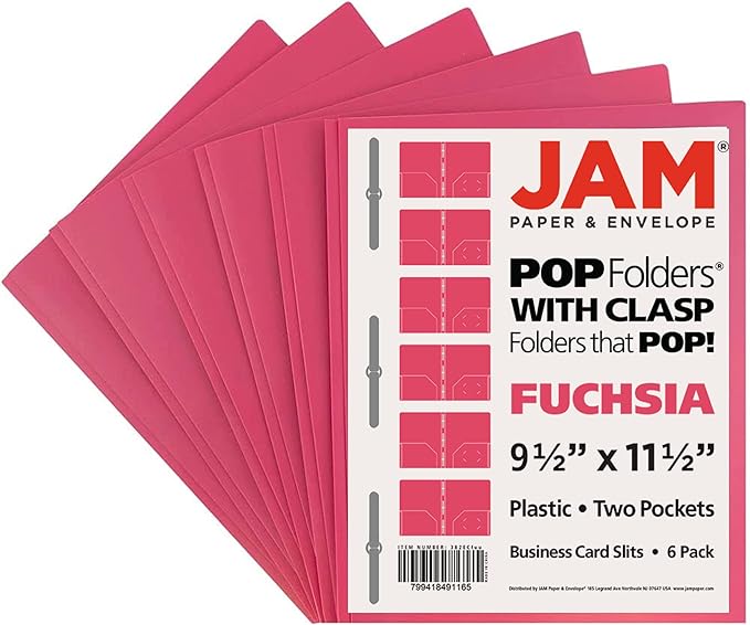 JAM PAPER Plastic Color POP Folders - 2 Pocket Durable Folders with Metal Prongs Fastener Clasps - Fuchsia Hot Pink - 6/Pack