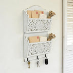 Chadechimo Rustic Key and Mail Holder for Wall Home Decorative,2-Slot Mail Organizer Wall Mount with 3 Hooks, Wooden Key Hangers Wall File Organizer Letter Sorter for Letter Magazines（White）