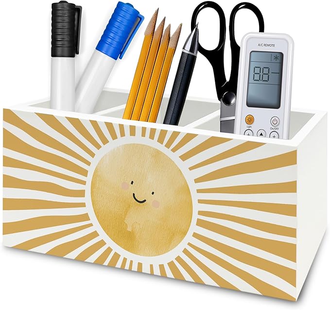 QZQE Boho Yellow Sunshine Pen Pencil Holder Organizer for Desk, Cute Smile Groovy Sun Sunshine Wooden Box Signs Decorations for Kids Room Home Classroom Desk Tabletop