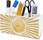 QZQE Boho Yellow Sunshine Pen Pencil Holder Organizer for Desk, Cute Smile Groovy Sun Sunshine Wooden Box Signs Decorations for Kids Room Home Classroom Desk Tabletop