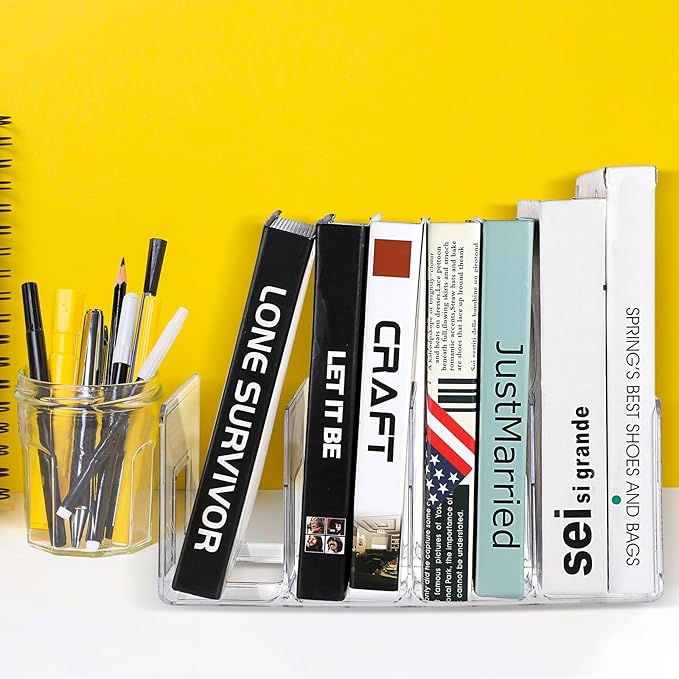 Lemecima 4 Pack Acrylic File Sorter, 4-Section Clear Desktop File Folder Holder Organizer, Thick Office Storage Stand Rack for Book, Envelopes, Mail, Document, Notebook, Binder, Purse, Clutch Divider