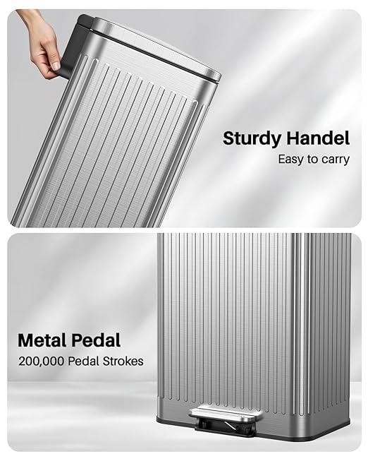 Lovewind 60 Liter/ 16 Gallon Stainless Steel Trash Can with Soft-Close Lid, Large Footstep Garbage Can with Roman Texture, Removable Inner Buckets, Recycling Bin for Kitchen Office, Silver