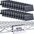 Kathfly 50 Pcs Wire Shelf Label Holders Compatible with Metro 1-1/4in Shelves, Plastic Wire Rack Label Holder 3" l x 1.25" H Price Tag Shelf Clips On, Black