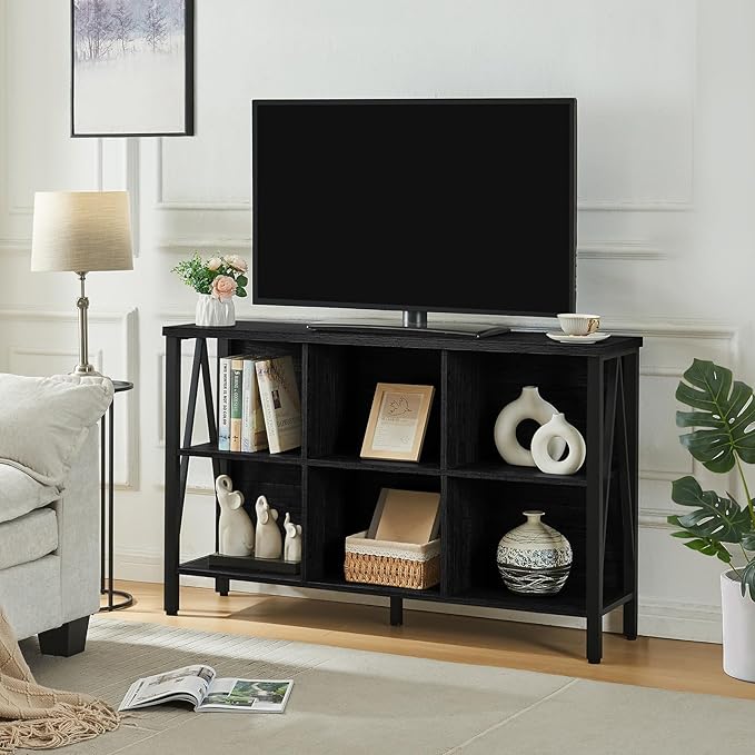 HOMISSUE Cube Storage Organizer Shelf, Rustic Short Wide Bookshelf with 6 Cubes, Industrial Low Cubby Bookcase with 3-Tier Shelves, Horizontal Book Case for Living Room, Office, Black