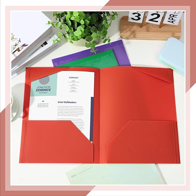 Henoyso 12 Pcs Plastic Folders with Clear Front Pockets Heavy Duty File Folders with 2 Pockets and Card Slot for Student Communication School Office Presentation Report (Colorful)