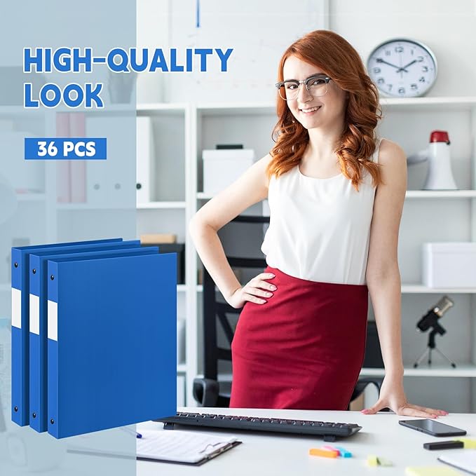 Henoyso 36 Pcs 3 Ring Binder 0.5 Inch Round Fits Letter Size 8.5'' x 11'' Paper Plastic Flexible Binder Bulk Holds 140 Sheets with 1 Pockets Versatile Organizer for Home Office School (Blue)