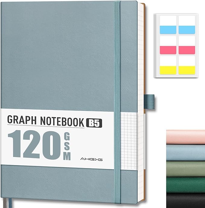 AHGXG Graph Paper Notebook - Grid Notebook Journal, 120 GSM Thick Graph Paper, Large B5 Notebook 96 Pages, Leather Softcover, for Graphing, Writing, Math, Engineering, 7.6'' X 10'' - Gray Blue