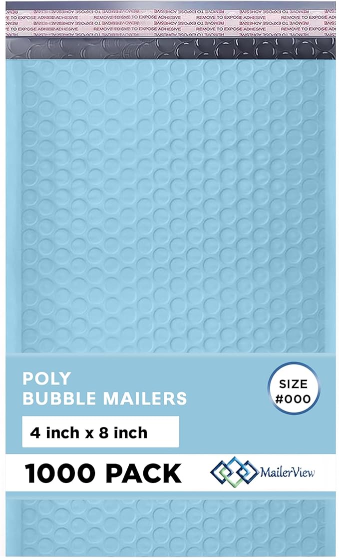 MAILERVIEW Light Blue Small Bubble Mailers 4x8 Inch #000 | Thick Padded Poly Bubble Mailer Envelopes | 1000 Pack Bulk | Trading Card Sports Card Shipping
