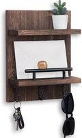Lucundm Key Holder Wall Mount, Mail Shelf Decor with 3 Key Hooks, Versatile Wood Wall Organizer for Entryway Hallway (8.2” x 10.6”x 3.6”) (Brown)