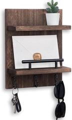 Lucundm Key Holder Wall Mount, Mail Shelf Decor with 3 Key Hooks, Versatile Wood Wall Organizer for Entryway Hallway (8.2” x 10.6”x 3.6”) (Brown)