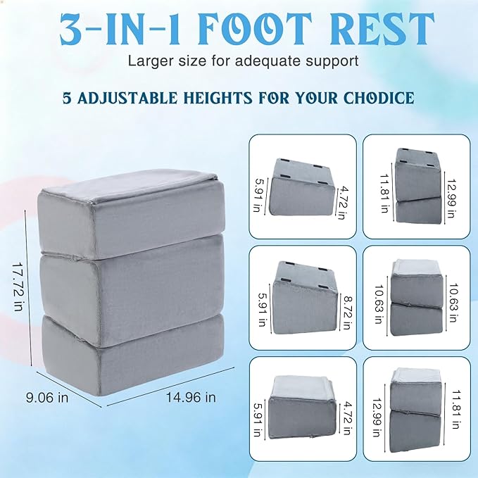 Novabright Foot Rest Under Desk at Work with 3 Adjustable Height, Non-Slip Ergonomic Foot Stool with Gel Top and Warm Pocket for Home Office Car Leg Back Rest(15" X 9" X 17.7",Parallel,Gray)