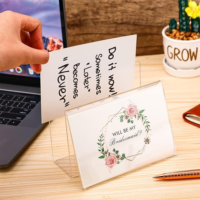 Crtiin 10 Pcs Clear Acrylic Postcard Holder Business Card Holder Greeting Card Display Clear Business Stand Rack for Index Organizer Desk Table Home Office, 6 x 4.25 x 4.5 Inches