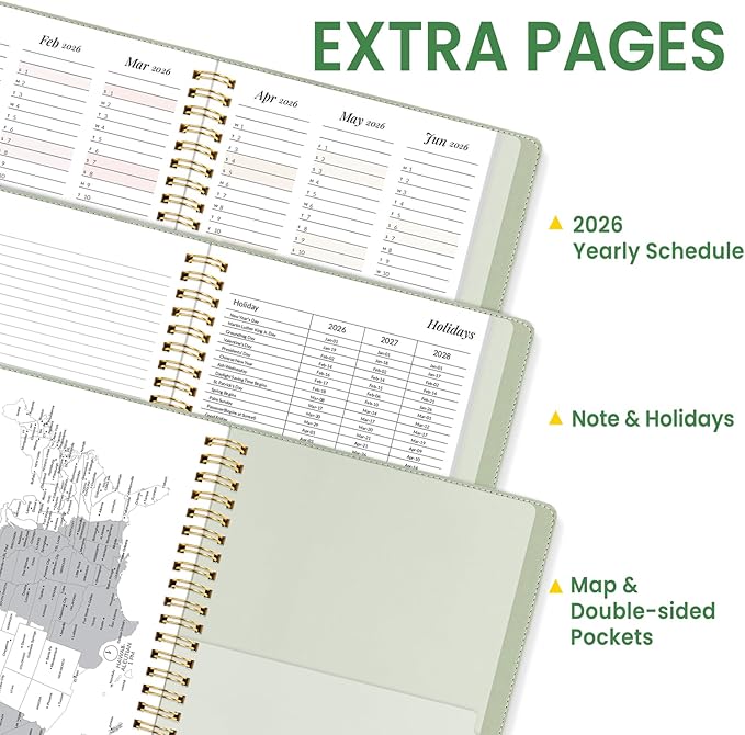 2026 Planner, Annecy Weekly ＆ Monthly Planner 2026, Jan. 2026 – Dec. 2026, 9" x 11" Monthly Agenda Planner with Tabs, Vegan Leather Cover, Spiral Binding, Double-sided Pocket, Bookmark, Green