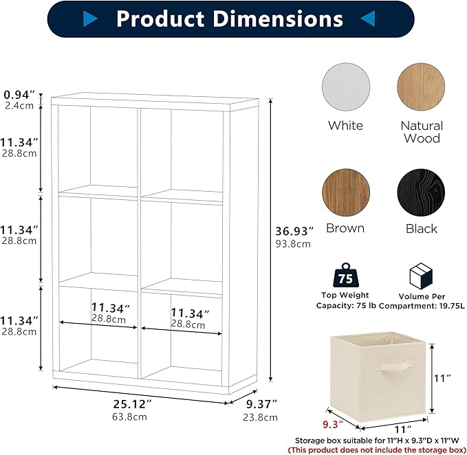 6 Cube Storage Organizer, 2x3 Cube Bookshelf, Cubby Storage Shelf, Wooden Organizer Shelf with Thickened Boards, for Closet Bedroom Home Office Living Room, 36.93" L x 9.37" W x 25.12" H, Black