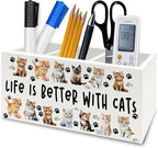 QZQE Cat Pen Pencil Holder Organizer for Desk, Cat Lovers Mom Lady Gifts for Women, Life Is Better with Cats Wooden Box Signs Decorations for Home Office Desk Tabletop, Gifts for Pet Lovers