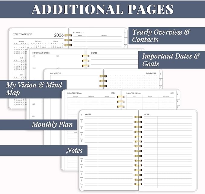 2026 Planner, Weekly and Monthly Planners with Tabs, A5 Spiral Bound Daily Calendar 2026 Planner, 12 Month Agenda Organizers from Jan. to Dec., Flexible Cover Appointment Book(Smill Sun)