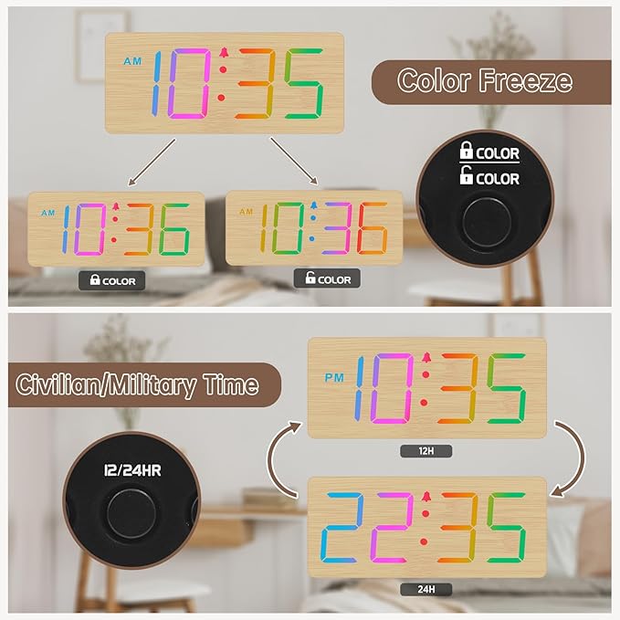 DreamSky Wooden Digital Alarm Clock for Bedroom - RGB Desk Clocks for Living Room with Large Numbers, Dimmer, Loud Alarm for Heavy Sleepers with Volume Control, Office Wood Decor (Plug in Clock)