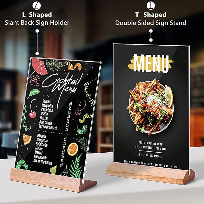 TONICE® 3 Pack 8.5x11 Acrylic Sign Holder L Shape Slant Back Design Clear Acrylic Frame Wood Base, Table Menu Display Stand, Flyer Display (Optional 8.5x11/5x7 Inch L/T Shape)