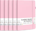 feela 5 Pack Notebooks Journals Bulk, Hardcover Notebook Classic Ruled Lined Journals with Pen Holder for Women Girls School Business Supplies, with 5 Black Pens, 120 GSM, 5.1”x8.3”, A5, Rose Pink