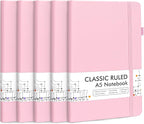 feela 5 Pack Notebooks Journals Bulk, Hardcover Notebook Classic Ruled Lined Journals with Pen Holder for Women Girls School Business Supplies, with 5 Black Pens, 120 GSM, 5.1”x8.3”, A5, Rose Pink