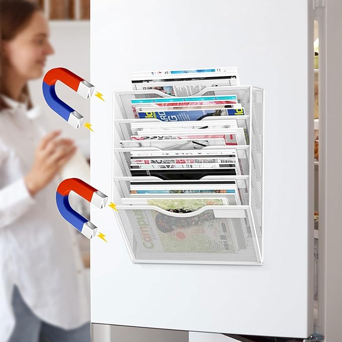 LQPAFZ 5-Tier Magnetic File Organizer, No Drilling Installation, White Magnetic Paper Holder, Magazine Rack for Refrigerator and File Cabinets