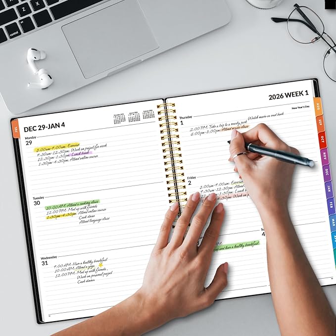 SUNEE 2026 Weekly and Monthly Planner - from January 2026 - December 2026, Daily Agenda Planner with Monthly Tab, Flexible Cover, Note Pages, Pockets, Bookmark, Spiral Binding, Black, 8.5"x11"